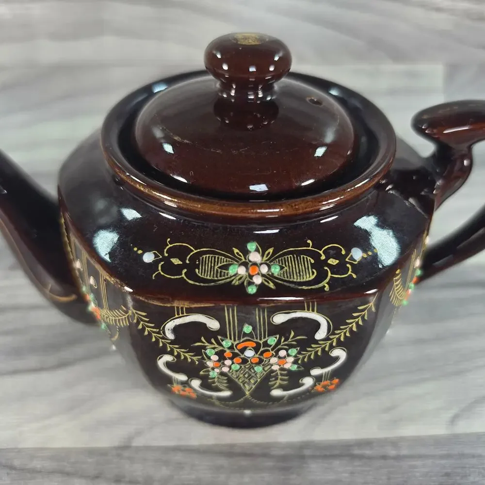 Vintage Japanese Dark Brown Teapot Hand Painted Raised Moriage Floral Gold Japan